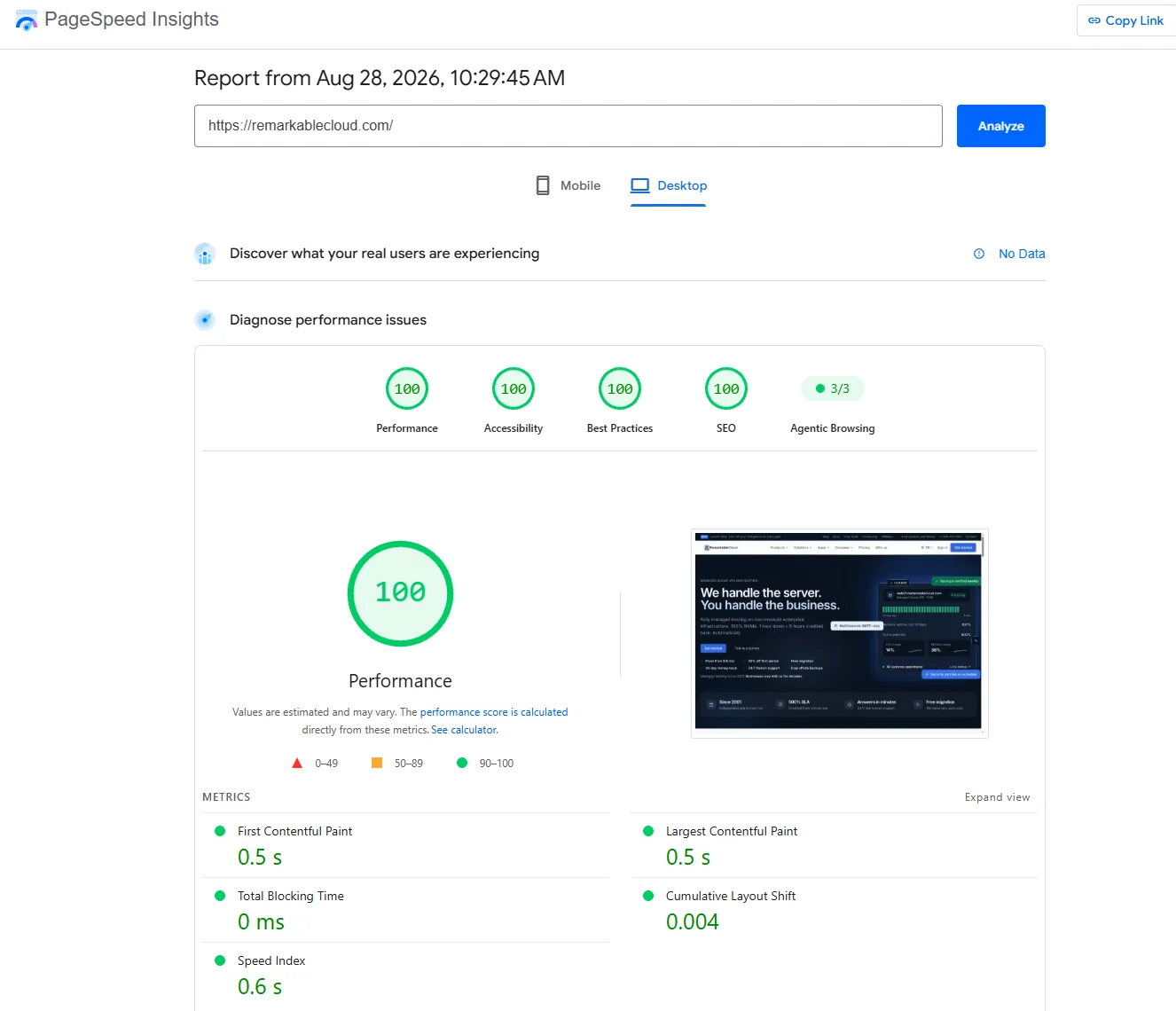 PageSpeed Insights report for remarkablecloud.com, August 28, 2026: 100 in Performance, Accessibility, Best Practices, and SEO, with First Contentful Paint 0.5s, Largest Contentful Paint 0.5s, Total Blocking Time 0ms, Cumulative Layout Shift 0.004, and Speed Index 0.6s