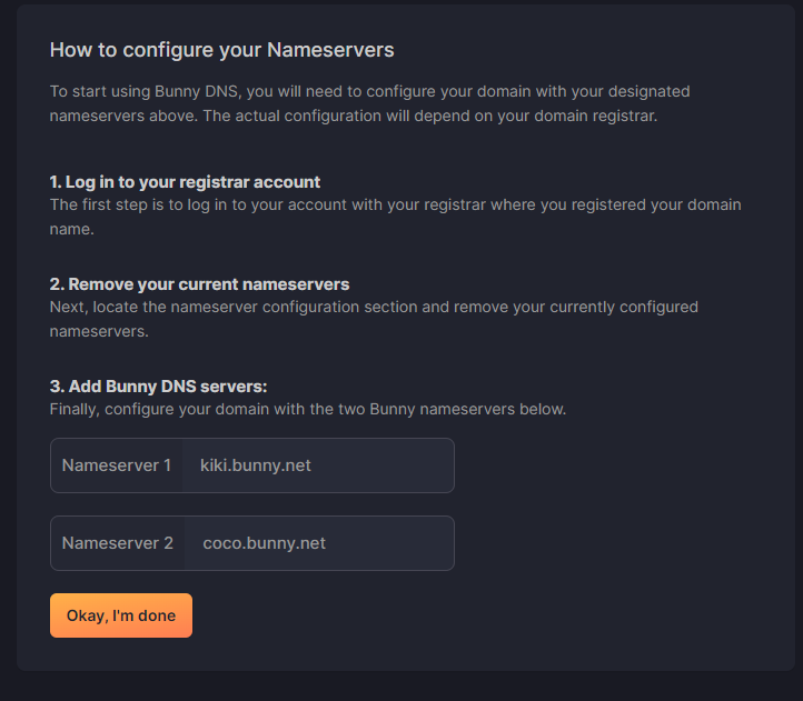 BunnyCDN DNS nameservers assigned to domain
