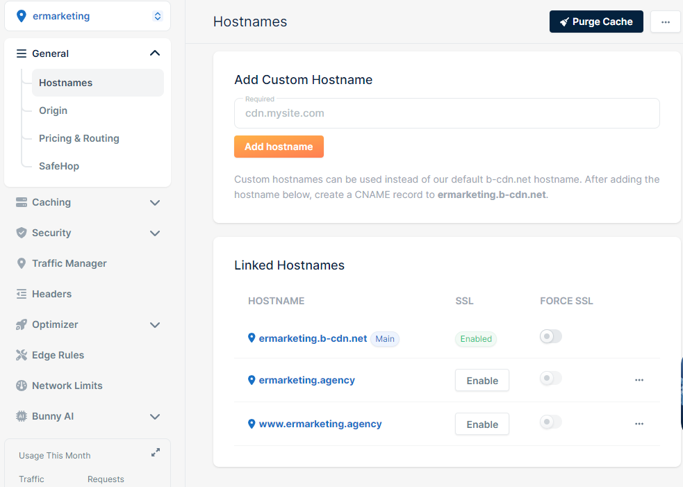 SSL certificate settings in BunnyCDN pull zone