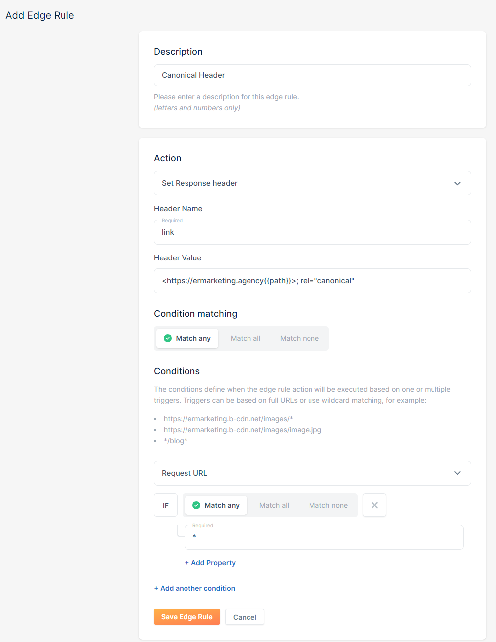 BunnyCDN edge rule conditions and actions