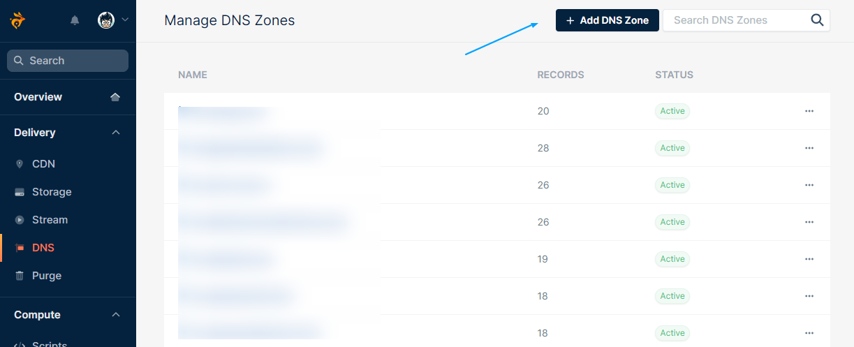 BunnyCDN DNS Zone creation dashboard